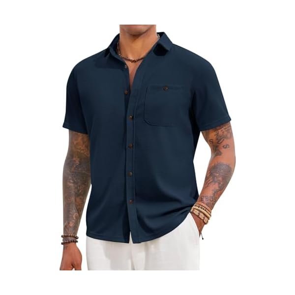 Mens Button Down Shirts Short Sleeve Waffle Knit Summer Casual Shirt Lightweight Beach Tops with Pocket